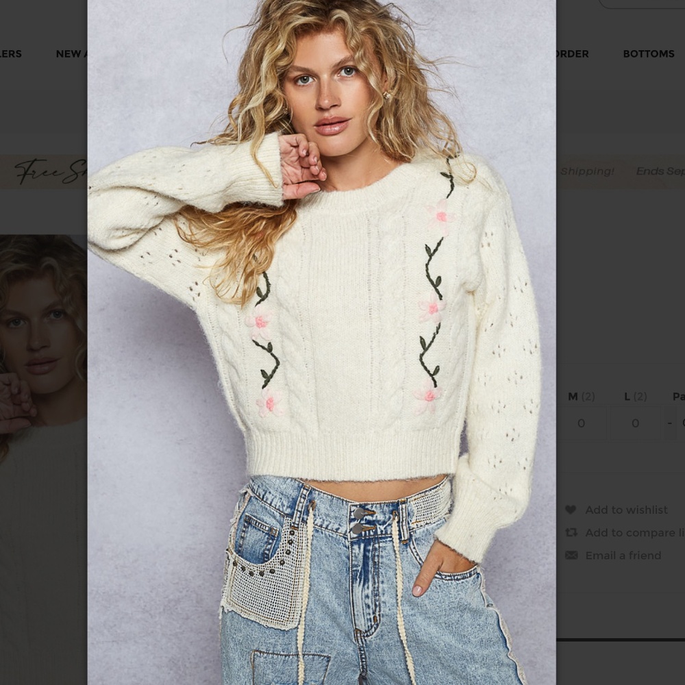 POL Cream Cable Knit Sweater with Pink Rose Embroidery